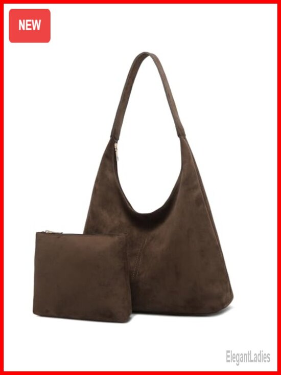 Handbags - Faux Suede Hobo Bag Tote Shoulder Purse with Pouch